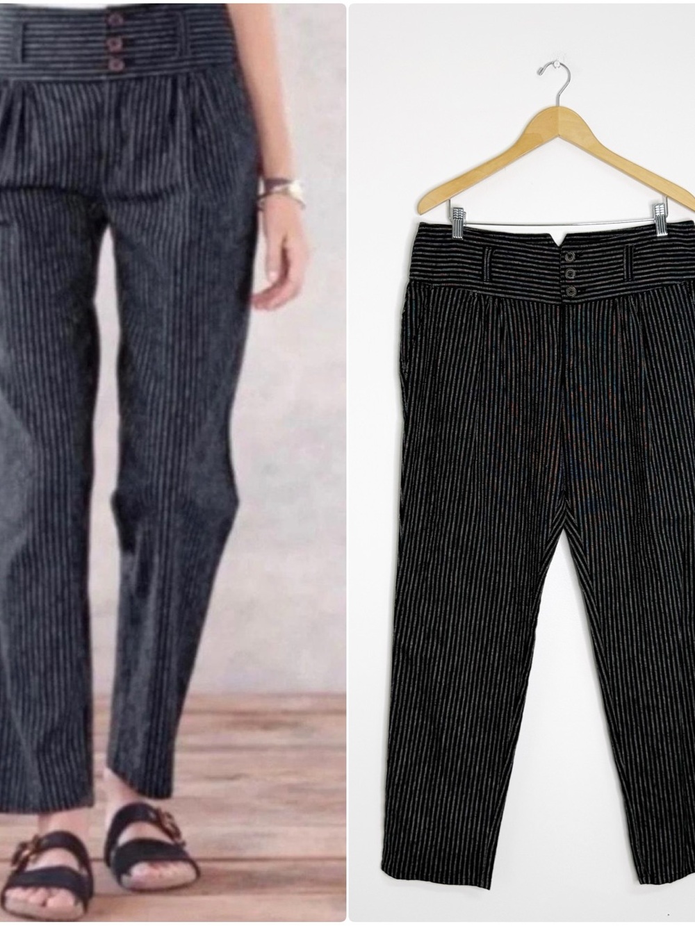 Sundance Pinstripe Linen Blend Pants Size 12 Black Button Waist Wide Leg NWOT